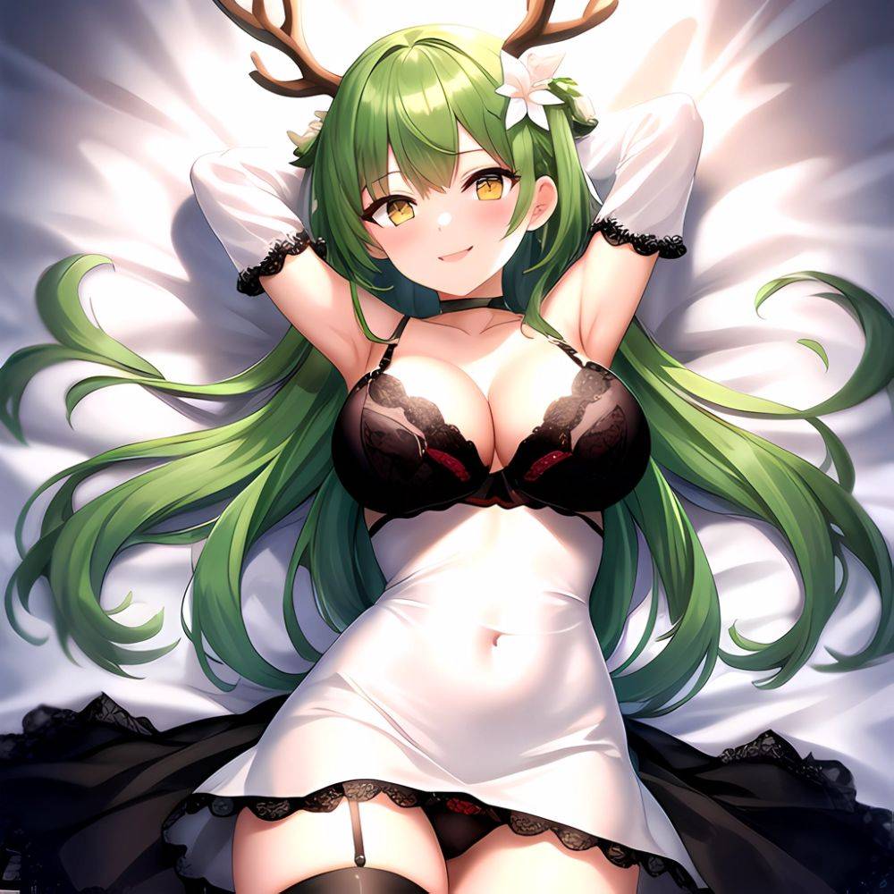 1girl Alternate Costume Antlers Armpits Arms Behind Head Bed Sheet Black Bra Black Thighhighs Bra Branch Breasts Ceres Fauna Cle, 1432776529 - AIHentai - #main