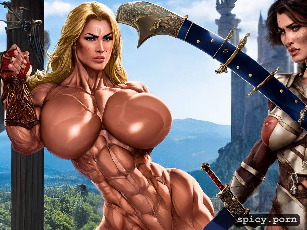 cry, strength effort, realistic, scar, war, furious, nude muscle woman protecting a little princess - #main