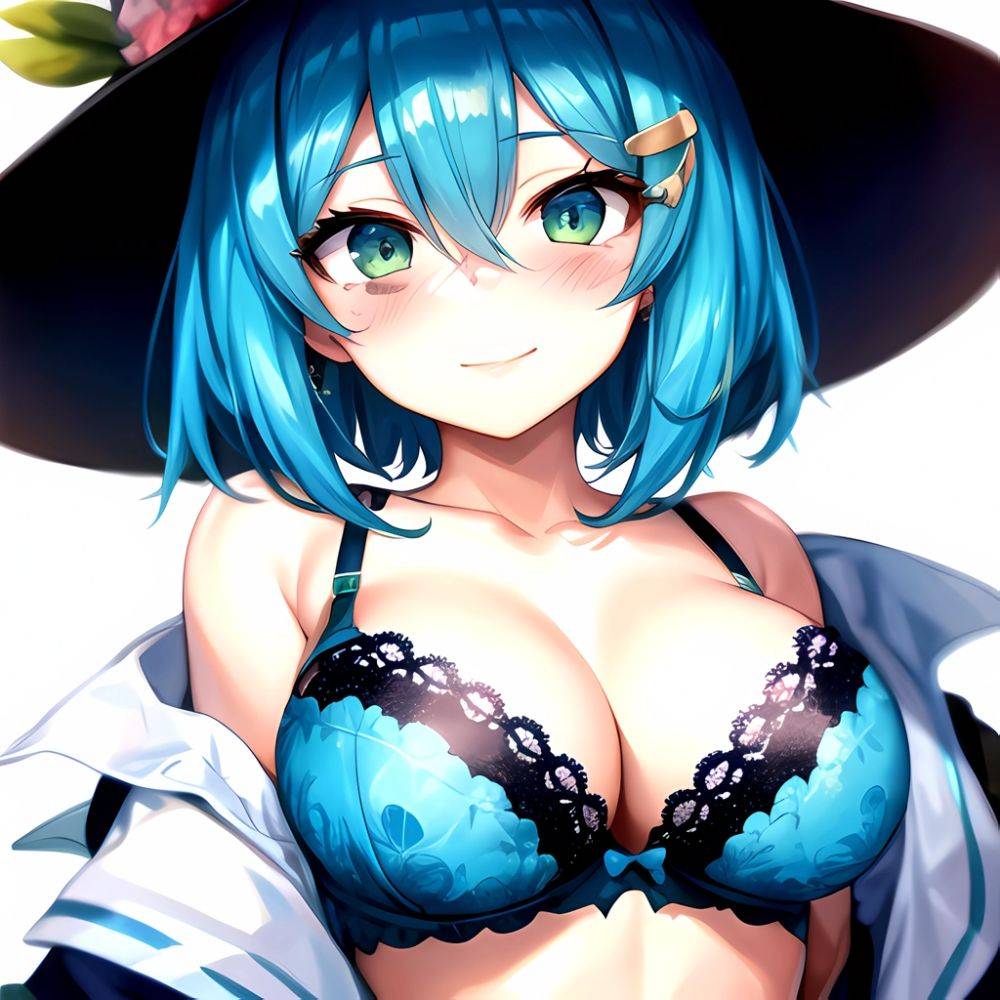 1girl Blush Bob Cut Bra Breasts Cleavage Close Up Closed Mouth Collarbone Commentary Eyelashes Eyes Visible Through Hair Floral, 2521541609 - AIHentai - #main