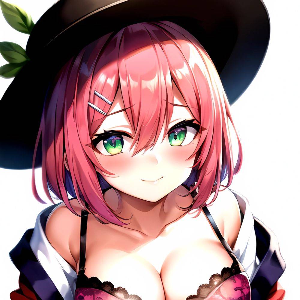 1girl Blush Bob Cut Bra Breasts Cleavage Close Up Closed Mouth Collarbone Commentary Eyelashes Eyes Visible Through Hair Floral, 874629451 - AIHentai - #main
