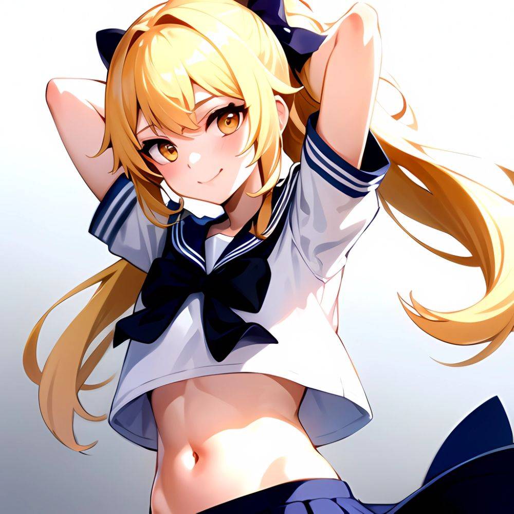 1girl Arms Up Arms Behind Head Blonde Hair Blue Skirt Bow Crop Top Crop Top Overhang Genshin Impact Gradient Background, 633940501 - AIHentai - #main