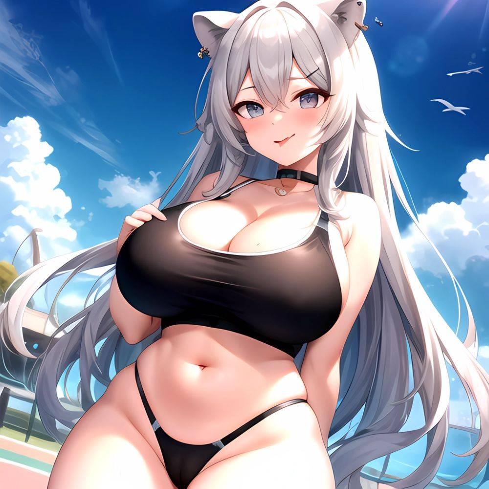 1girl Alternate Breast Size Animal Ears Bare Shoulders Belly Black Choker Blush Breasts Cameltoe Choker Cleavage Cowboy Shot Cur, 56455257 - AIHentai - #main