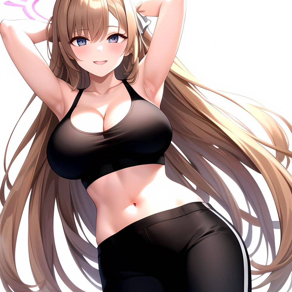 1girl Absurdres Armpits Arms Up Asuna Blue Archive Black Pants Blue Archive Blush Breasts Cleavage Halo Hands In Hair Highres, 1789501190 - AIHentai - #main