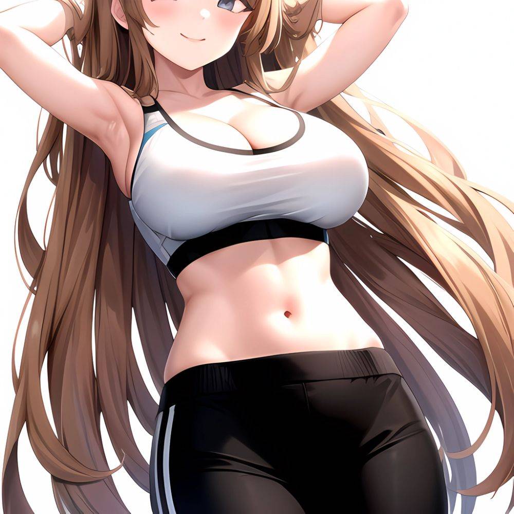 1girl Absurdres Armpits Arms Up Asuna Blue Archive Black Pants Blue Archive Blush Breasts Cleavage Halo Hands In Hair Highres, 3338129107 - AIHentai - #main