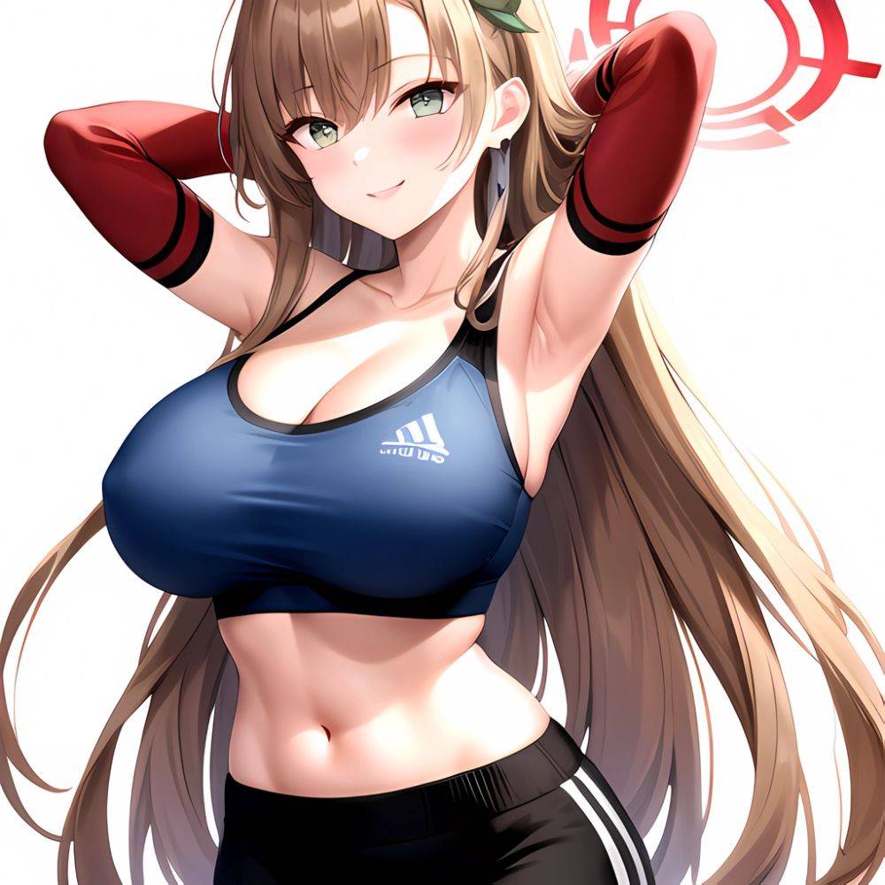 1girl Absurdres Armpits Arms Behind Head Asuna Blue Archive Black Pants Blue Archive Blush Breasts Cleavage Halo Highres Huge Br, 2252994793 - AIHentai - #main