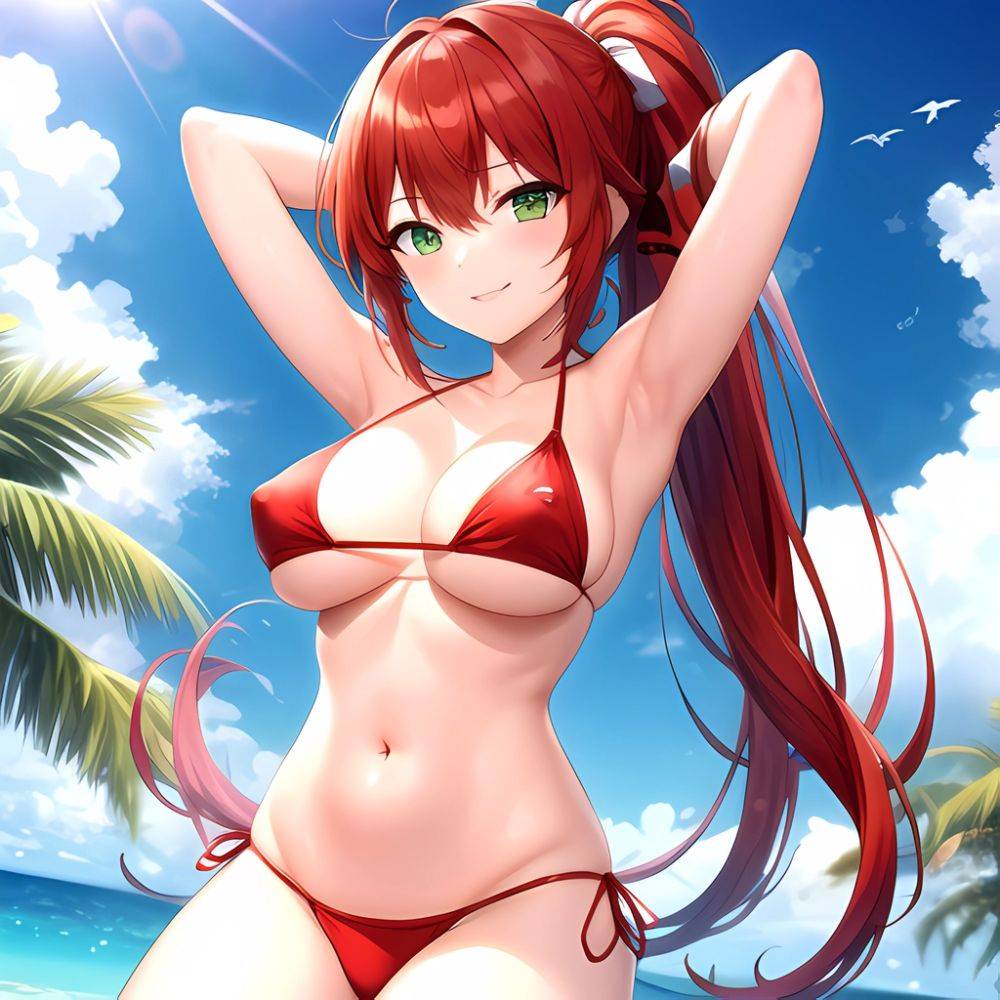 1girl Armpits Arms Behind Head Arms Up Bikini Breasts Closed Mouth Collarbone Covered Nipples Day Green Eyes Highres Jung Freud, 377007152 - AIHentai - #main