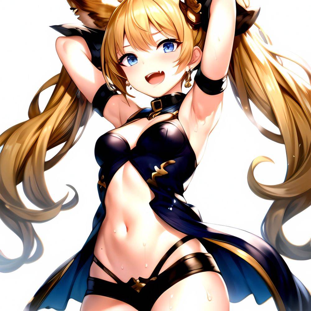 1girl Armpits Arms Behind Head Backlighting Bare Arms Bare Legs Blonde Hair Blue Eyes Blush Breasts Check Commentary Clothing Cu, 1295495665 - AIHentai - #main