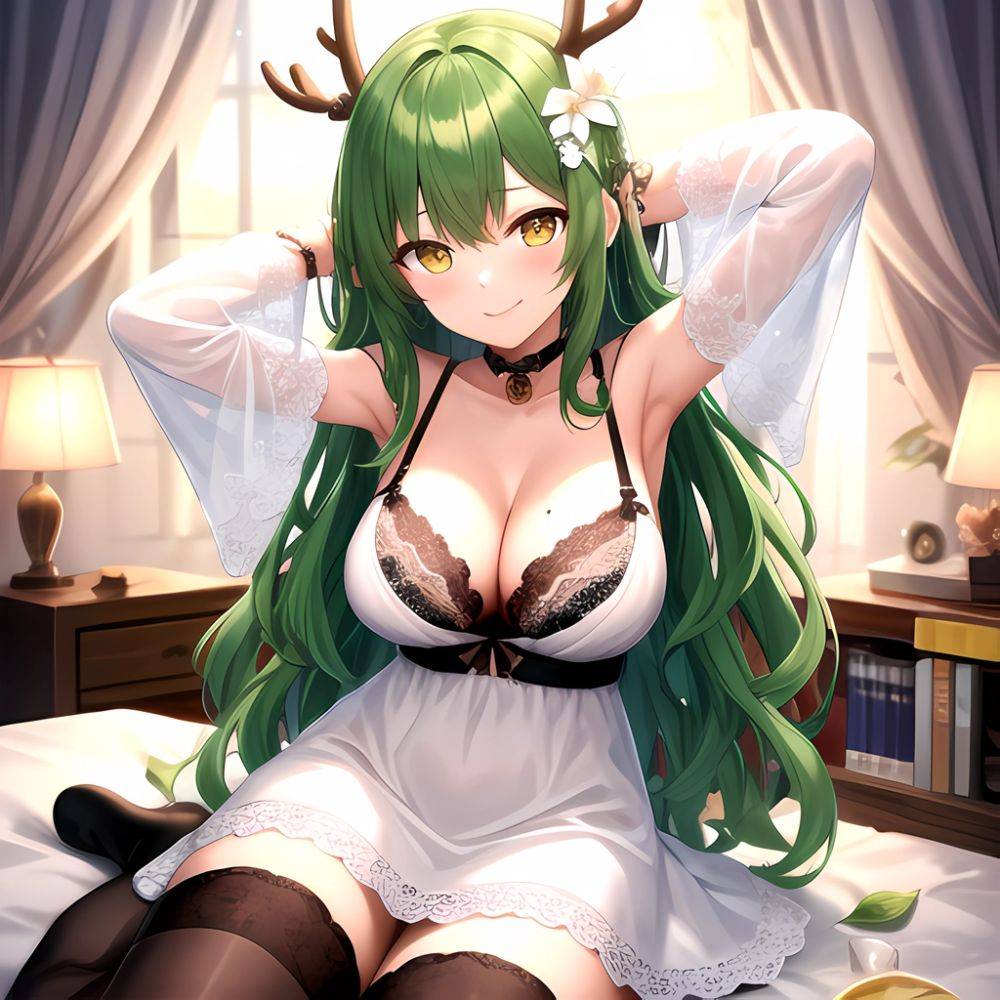 1girl Alternate Costume Antlers Armpits Arms Behind Head Bed Sheet Black Bra Black Thighhighs Bra Branch Breasts Ceres Fauna Cle, 1216472725 - AIHentai - #main
