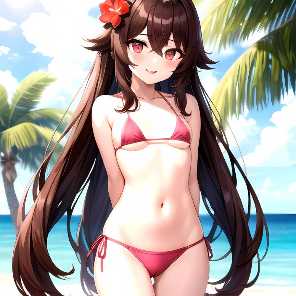 1girl Q Absurdres Arms Behind Back Bikini Blush Breasts Brown Hair Cameltoe Cleft Of Venus Covered Nipples Cowboy Shot Flower, 311489809 - AIHentai - #main