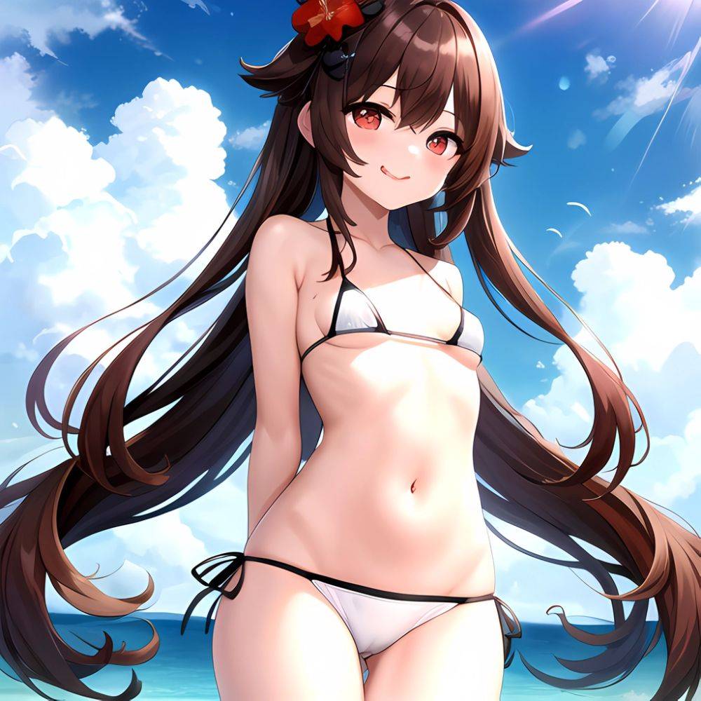 1girl Q Absurdres Arms Behind Back Bikini Blush Breasts Brown Hair Cameltoe Cleft Of Venus Covered Nipples Cowboy Shot Flower, 33655067 - AIHentai - #main