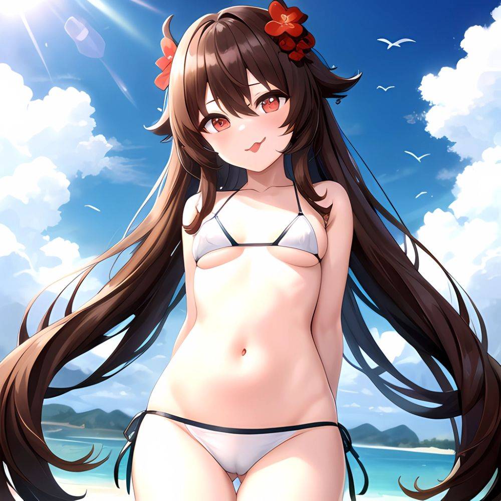 1girl Q Absurdres Arms Behind Back Bikini Blush Breasts Brown Hair Cameltoe Cleft Of Venus Covered Nipples Cowboy Shot Flower, 157638042 - AIHentai - #main