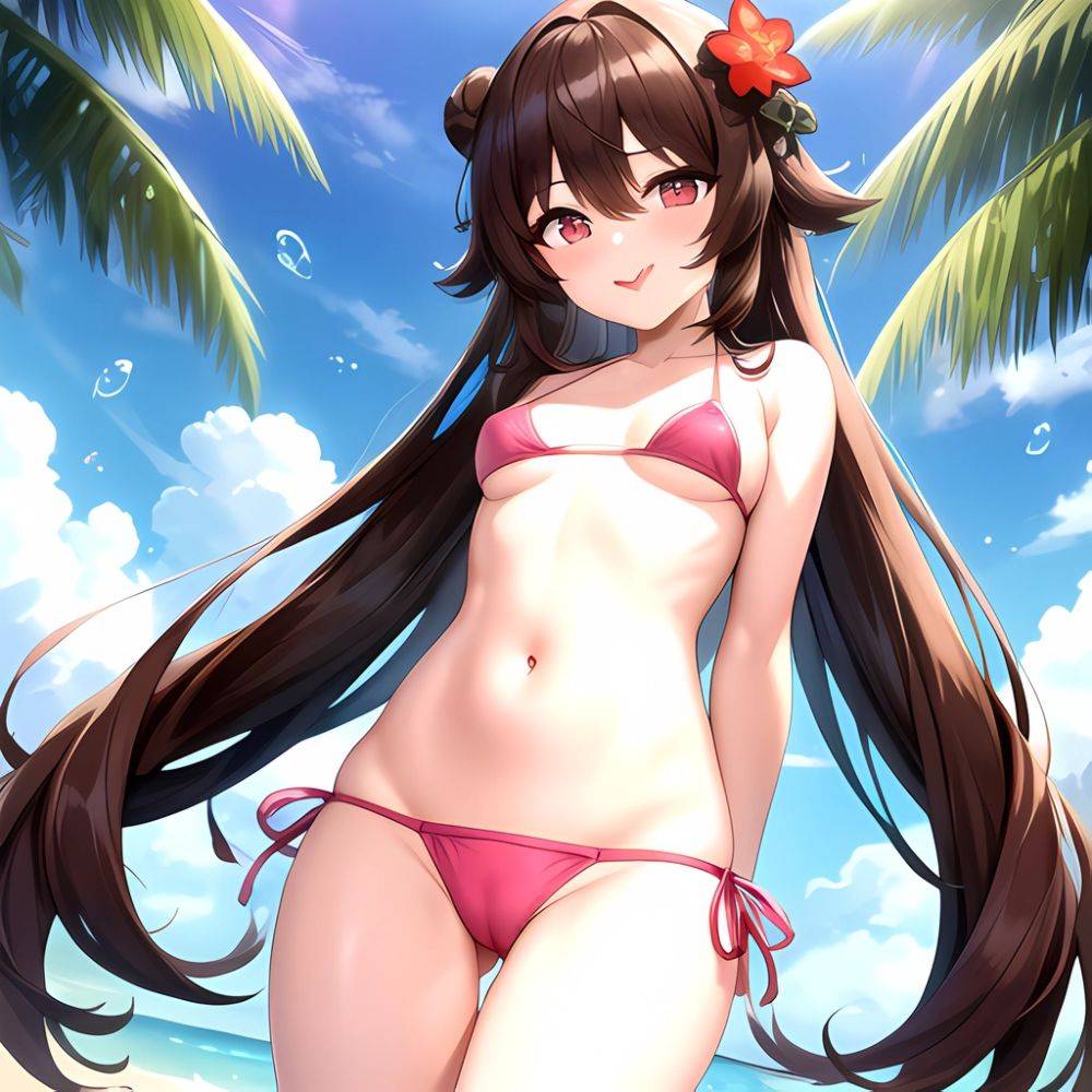 1girl Q Absurdres Arms Behind Back Bikini Blush Breasts Brown Hair Cameltoe Cleft Of Venus Covered Nipples Cowboy Shot Flower, 309601915 - AIHentai - #main