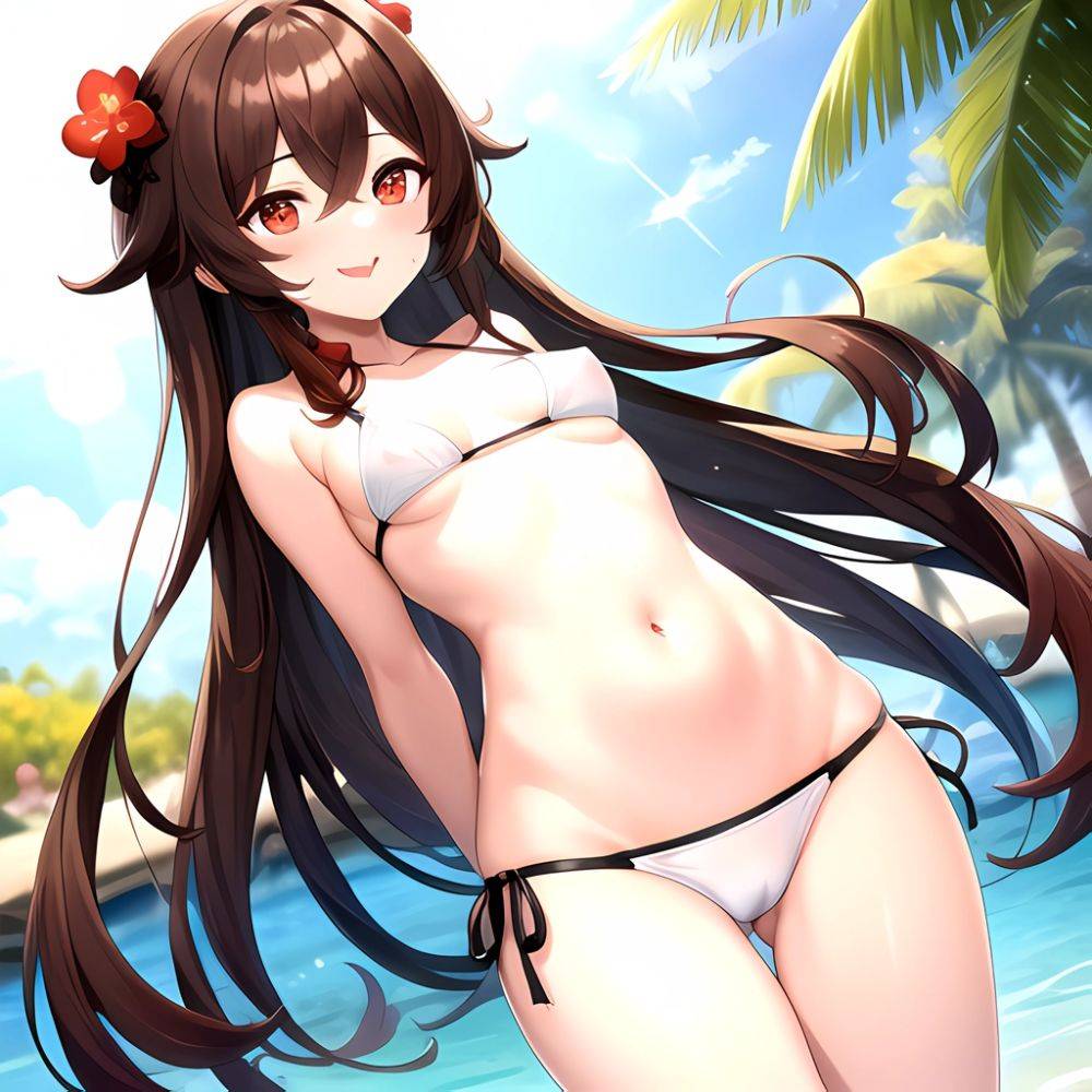 1girl Q Absurdres Arms Behind Back Bikini Blush Breasts Brown Hair Cameltoe Cleft Of Venus Covered Nipples Cowboy Shot Flower, 2043978313 - AIHentai - #main