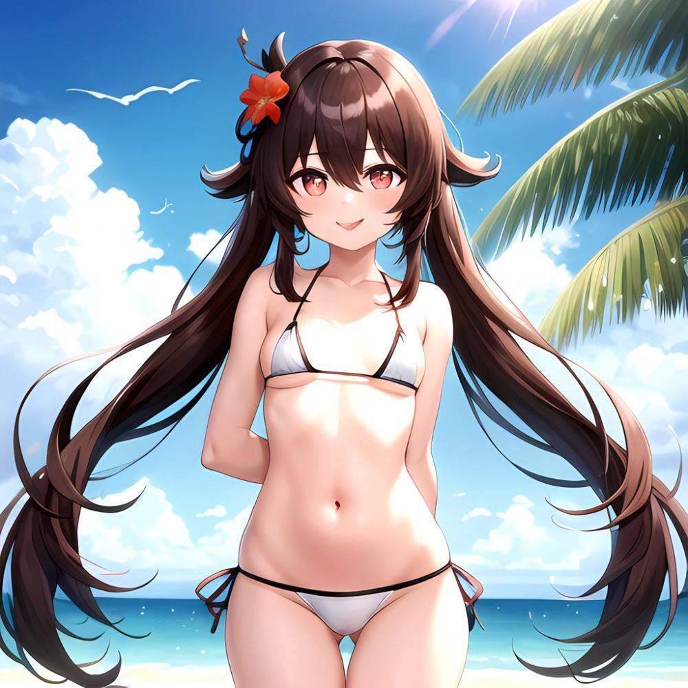 1girl Q Absurdres Arms Behind Back Bikini Blush Breasts Brown Hair Cameltoe Cleft Of Venus Covered Nipples Cowboy Shot Flower, 1202943869 - AIHentai - #main
