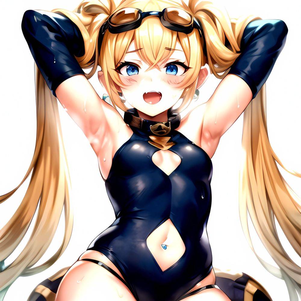 1girl Armpits Arms Behind Head Backlighting Bare Arms Bare Legs Blonde Hair Blue Eyes Blush Breasts Check Commentary Clothing Cu, 1109344809 - AIHentai - #main