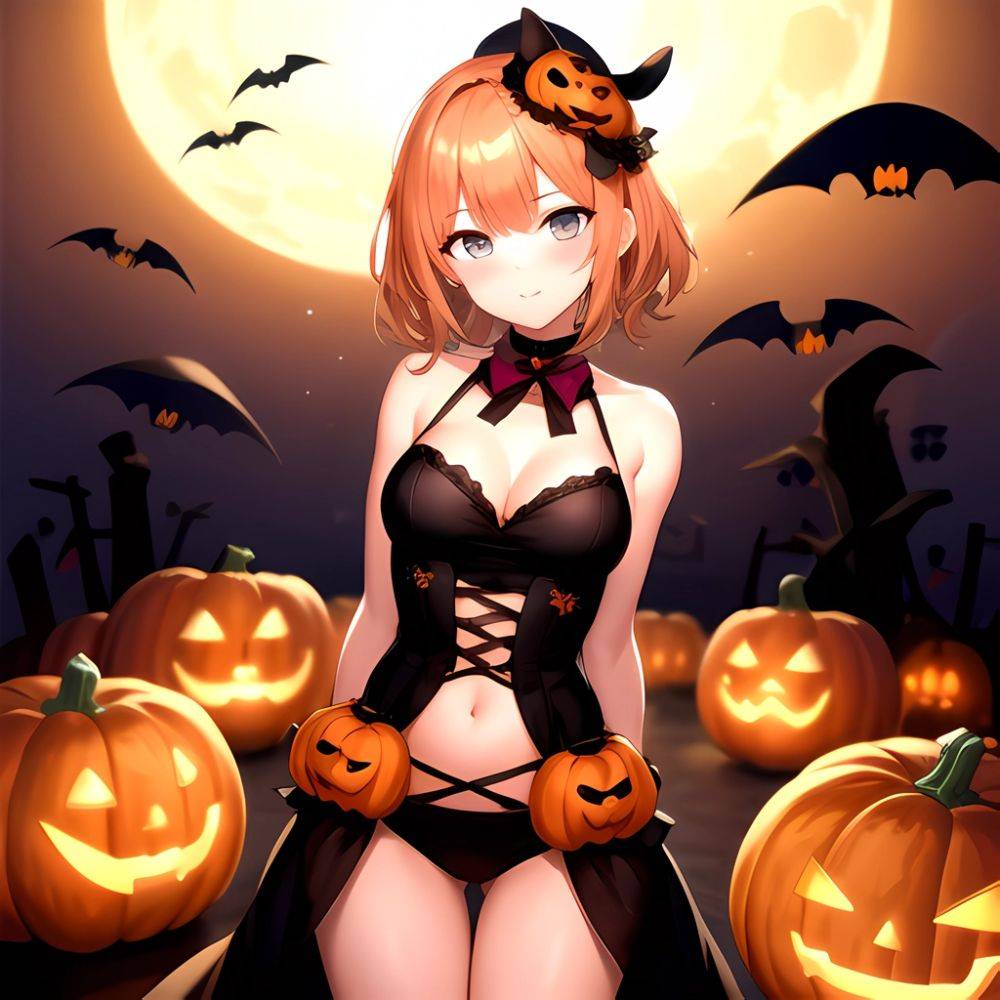 1girl Solo Sexy Outfit Halloween Pumpkins Standing Arms Behind Back, 4274219354 - AIHentai - #main