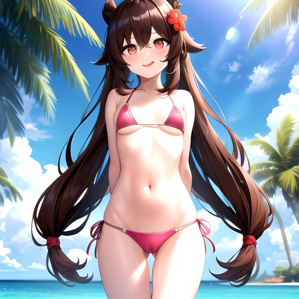 1girl Q Absurdres Arms Behind Back Bikini Blush Breasts Brown Hair Cameltoe Cleft Of Venus Covered Nipples Cowboy Shot Flower, 2109662739 - AIHentai - #main