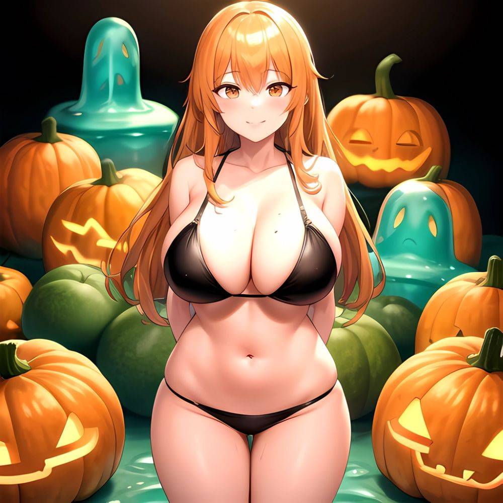 Orange Slime Messy Slime Big Boobs Pov Pumpkins Orange And Black Standing Up Facing The Viewer Arms Behind Back, 3682467157 - AIHentai - #main