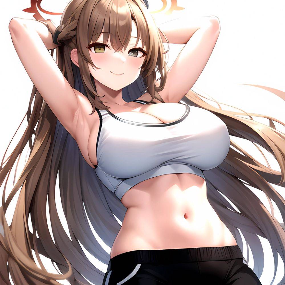 1girl Absurdres Armpits Arms Up Asuna Blue Archive Black Pants Blue Archive Blush Breasts Cleavage Halo Hands In Hair Highres, 492820958 - AIHentai - #main