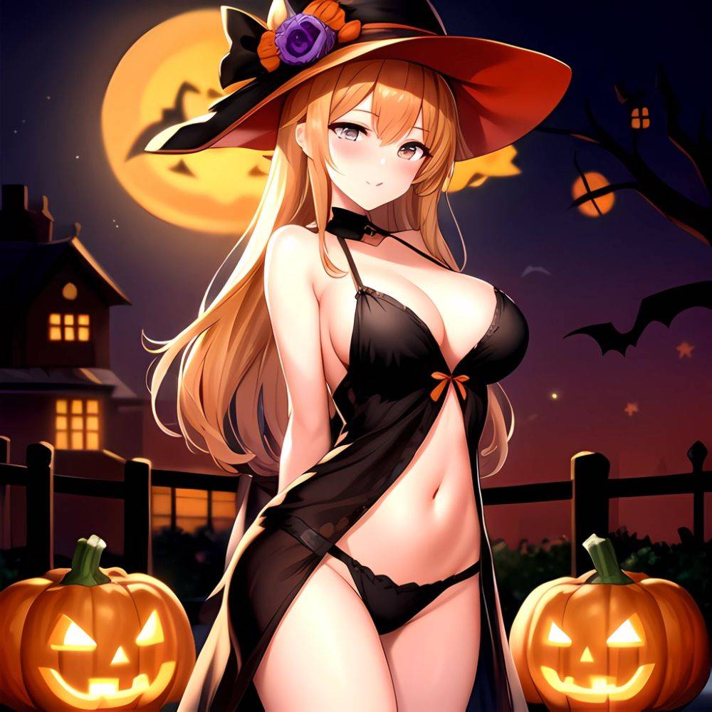 1girl Solo Sexy Outfit Halloween Pumpkins Standing Arms Behind Back, 3202546220 - AIHentai - #main