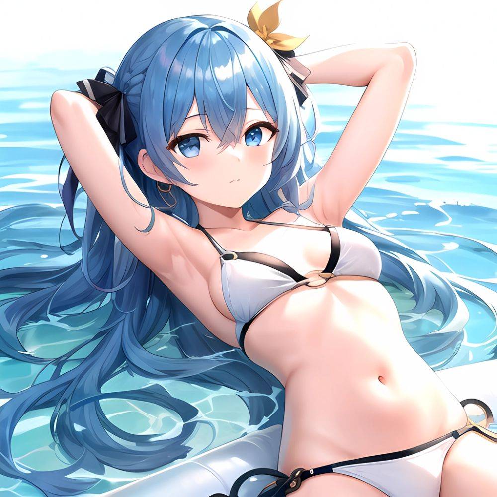 1girl Absurdres Arms Behind Head Bikini Blue Eyes Blue Hair Breasts Closed Mouth Hair Between Eyes Highres Hololive Hoshimachi S, 805356759 - AIHentai - #main