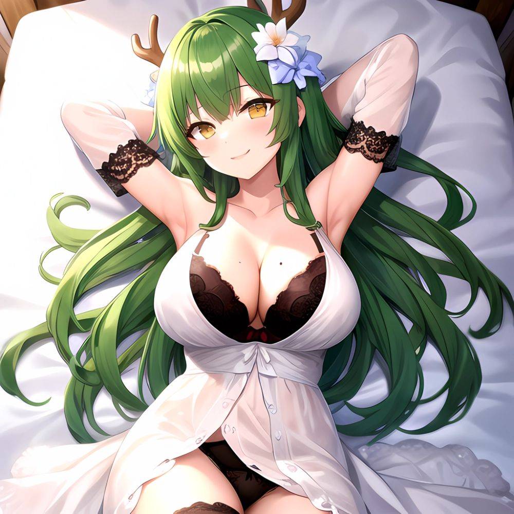 1girl Alternate Costume Antlers Armpits Arms Behind Head Bed Sheet Black Bra Black Thighhighs Bra Branch Breasts Ceres Fauna Cle, 2779421805 - AIHentai - #main