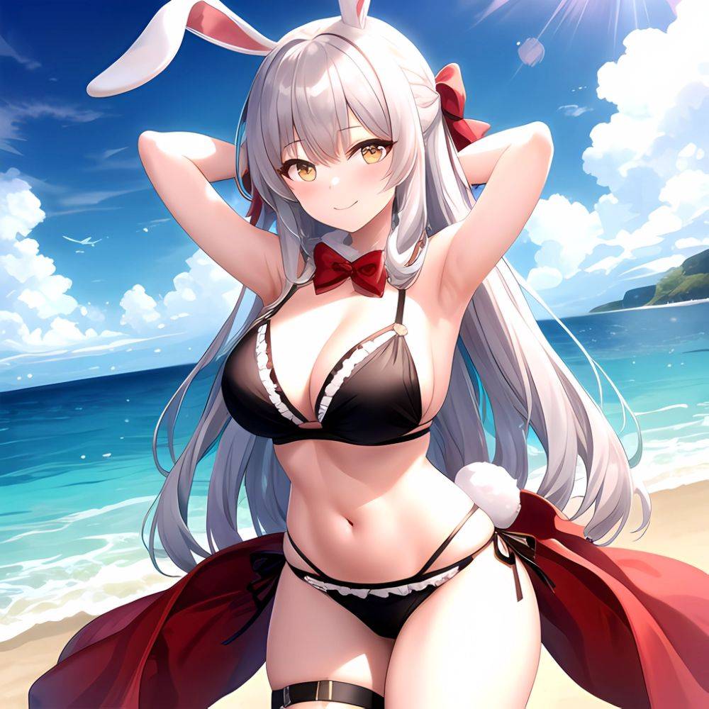 1girl Animal Ears Arms Behind Head Armpits Bare Shoulders Bikini Black Bikini Blue Bow Bow Breasts Cleavage Closed Mouth Cowboy, 456820866 - AIHentai - #main