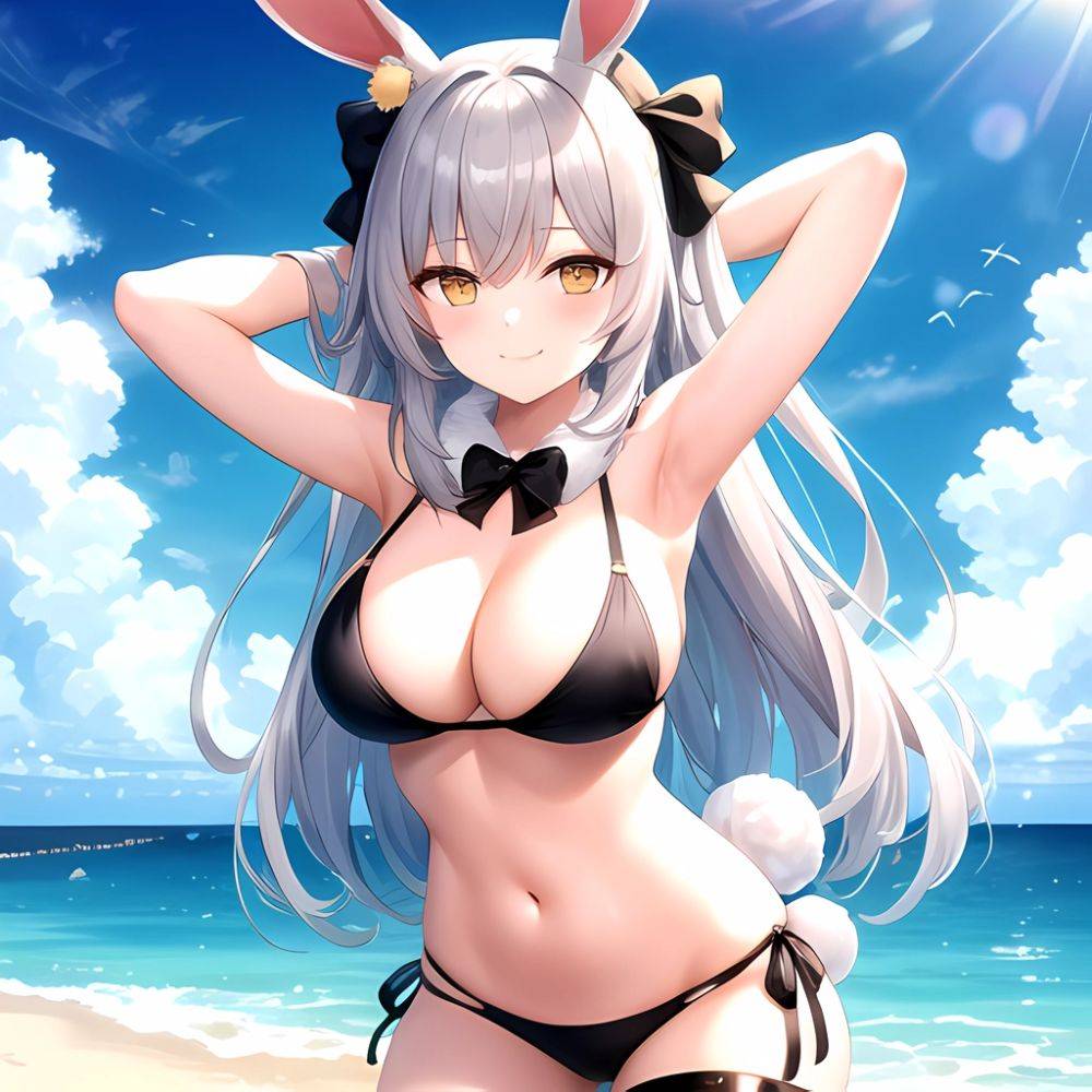 1girl Animal Ears Arms Behind Head Armpits Bare Shoulders Bikini Black Bikini Blue Bow Bow Breasts Cleavage Closed Mouth Cowboy, 3527032784 - AIHentai - #main