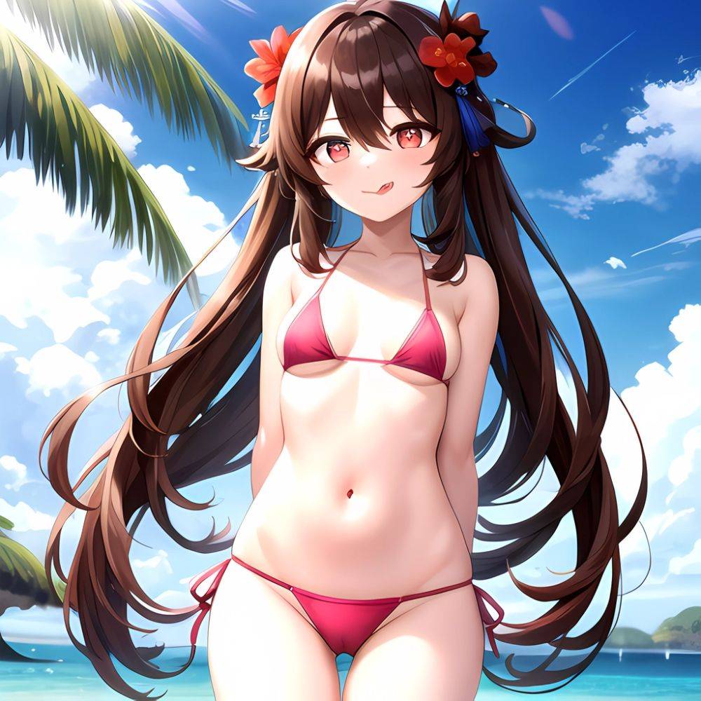 1girl Q Absurdres Arms Behind Back Bikini Blush Breasts Brown Hair Cameltoe Cleft Of Venus Covered Nipples Cowboy Shot Flower, 2159198319 - AIHentai - #main