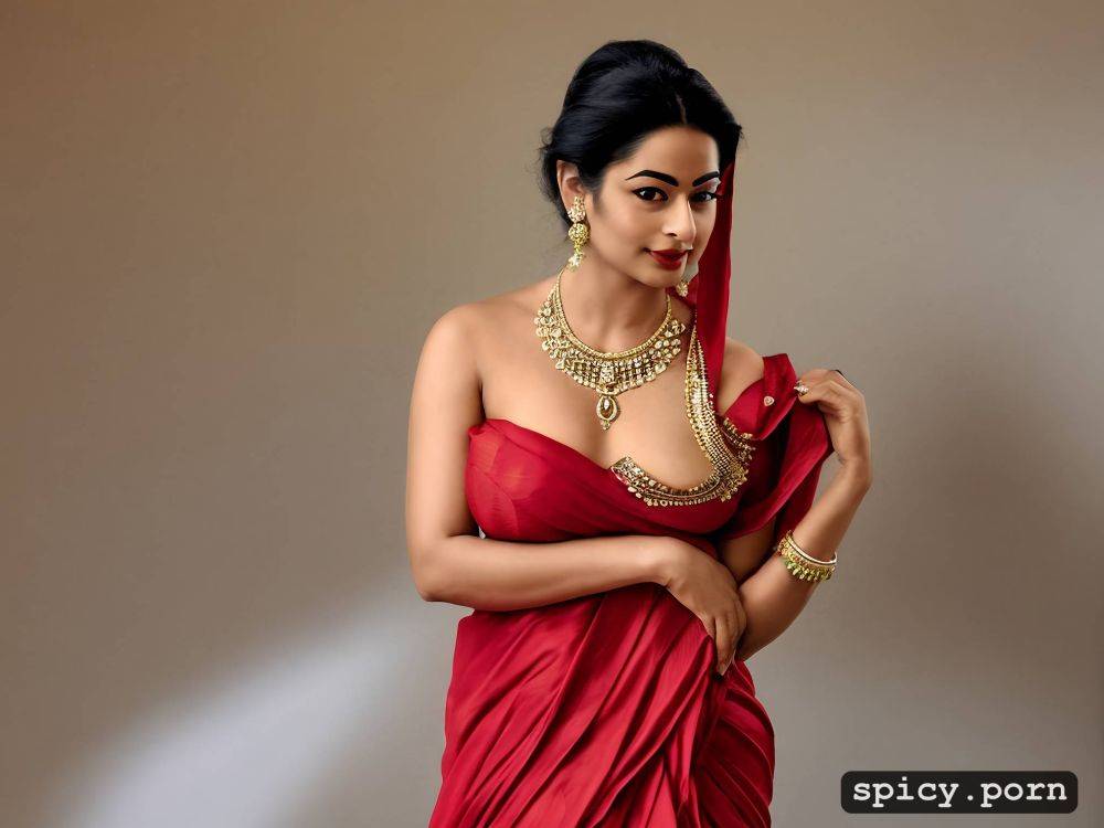 tits out, photorealistic, high resolution candid photography of rashmika mandana wearing red party saree - #main