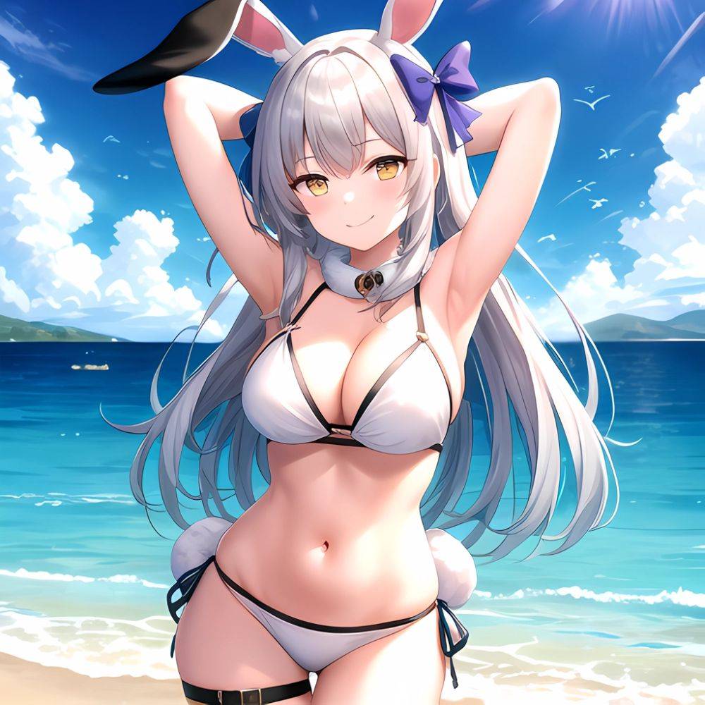 1girl Animal Ears Arms Behind Head Armpits Bare Shoulders Bikini White Bikini Blue Bow Bow Breasts Cleavage Closed Mouth Cowboy, 455854478 - AIHentai - #main