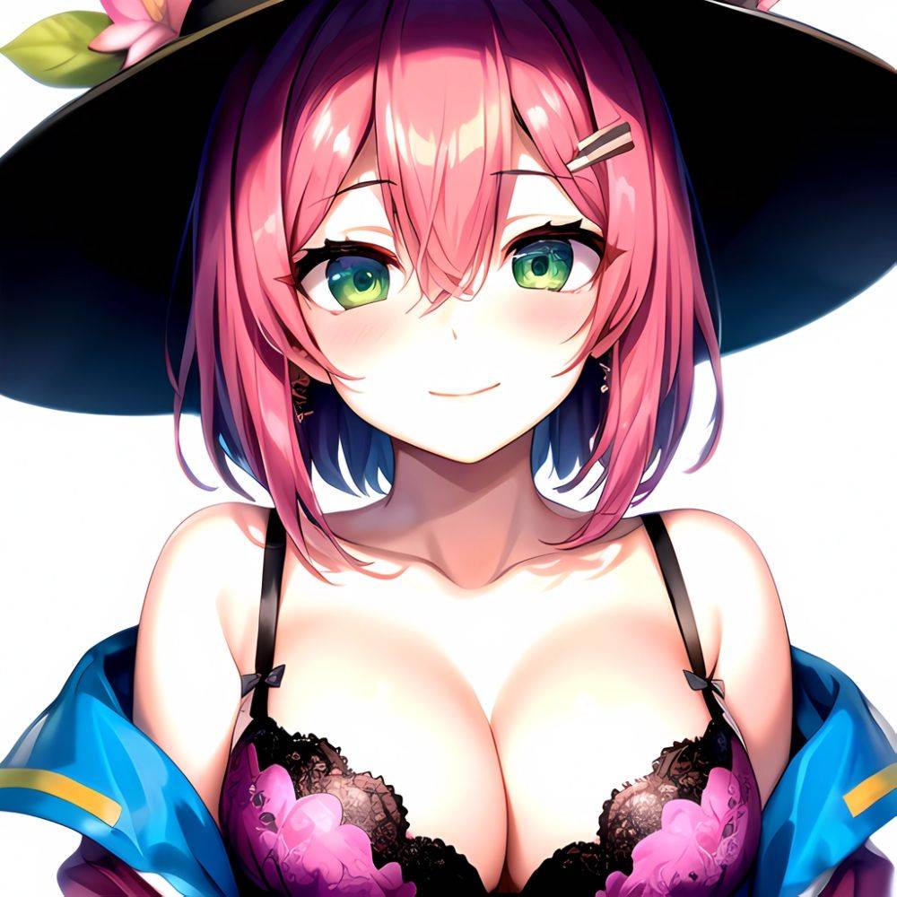 1girl Blush Bob Cut Bra Breasts Cleavage Close Up Closed Mouth Collarbone Commentary Eyelashes Eyes Visible Through Hair Floral, 904929618 - AIHentai - #main