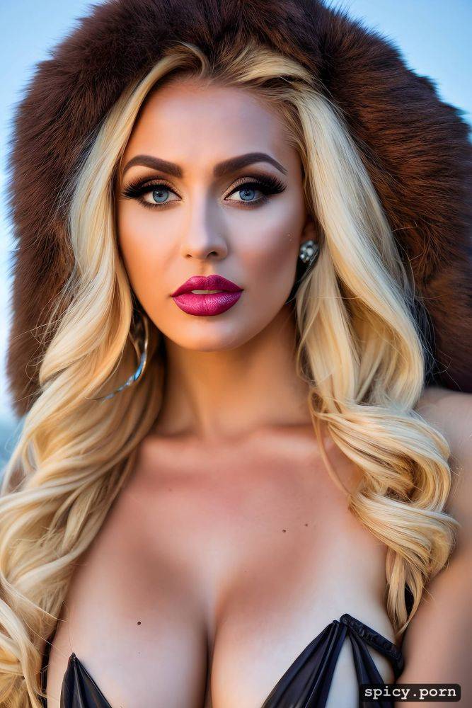 singer, sharp focus, pretty face, large russian fur coat, bling hanging on chains around neck - #main