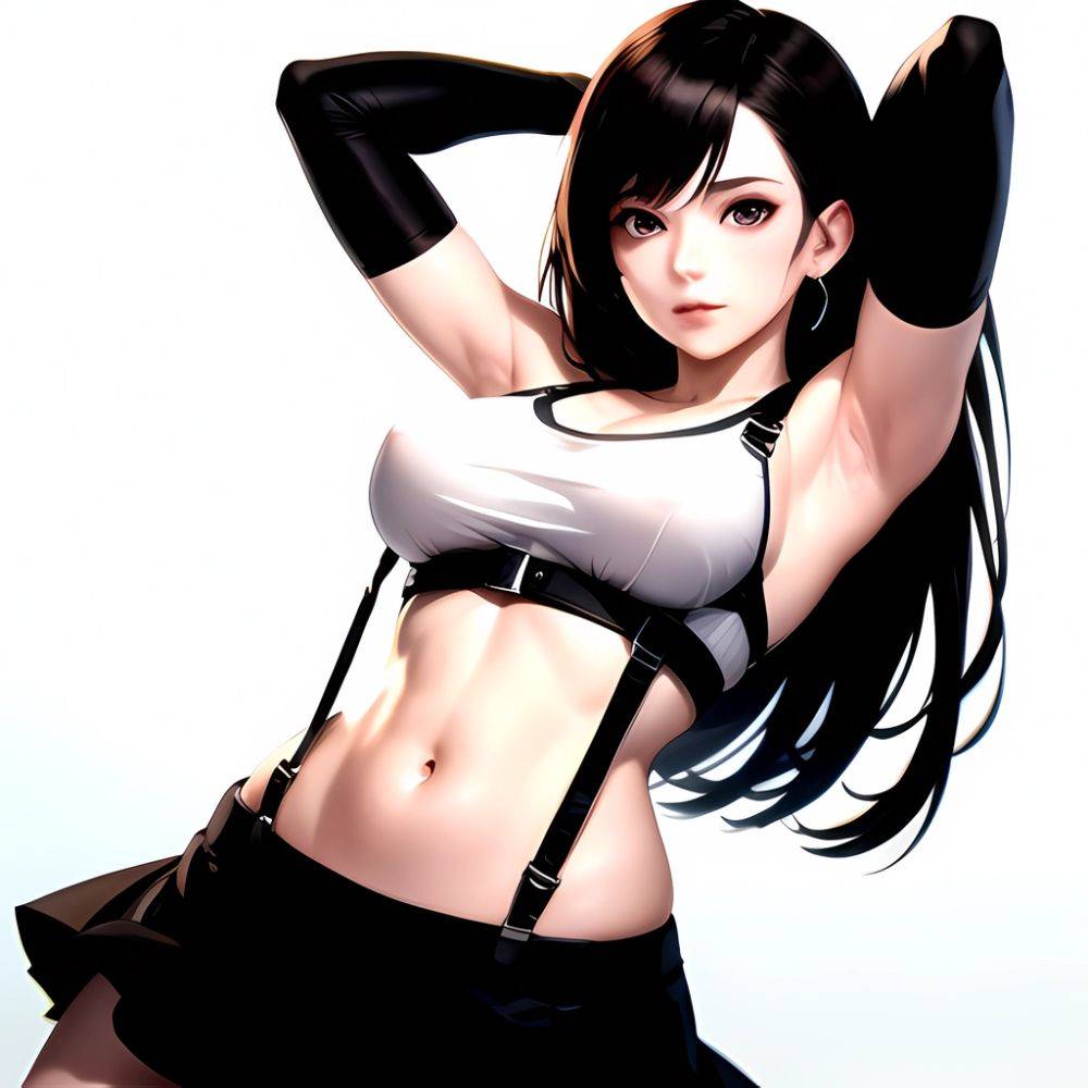 1girl Armpits Arms Behind Head Arms Up Bare Shoulders Black Gloves Black Hair Black Skirt Breasts Closed Mouth Crop Top, 1211953238 - AIHentai - #main