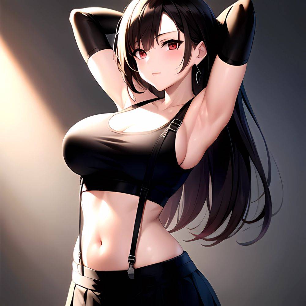 1girl Armpits Arms Behind Head Arms Up Bare Shoulders Black Gloves Black Hair Black Skirt Breasts Closed Mouth Crop Top, 664760999 - AIHentai - #main