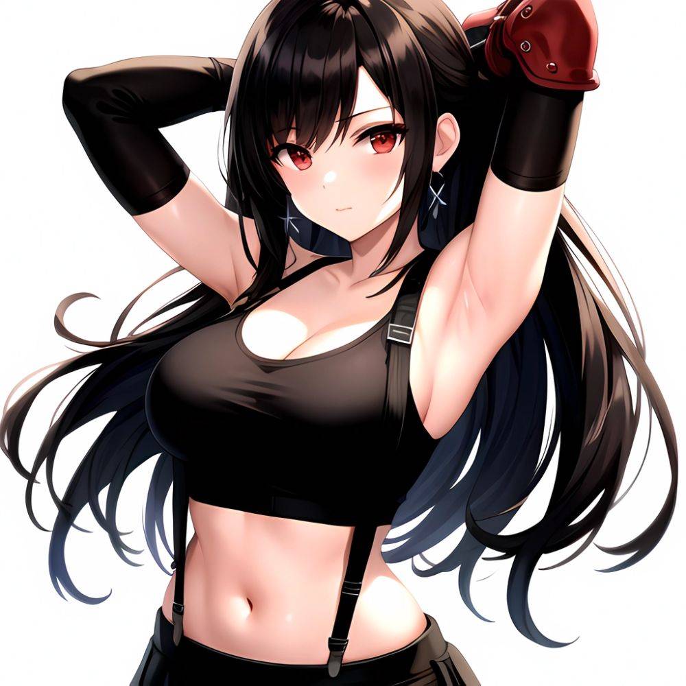 1girl Armpits Arms Behind Head Arms Up Bare Shoulders Black Gloves Black Hair Black Skirt Breasts Closed Mouth Crop Top, 678935600 - AIHentai - #main