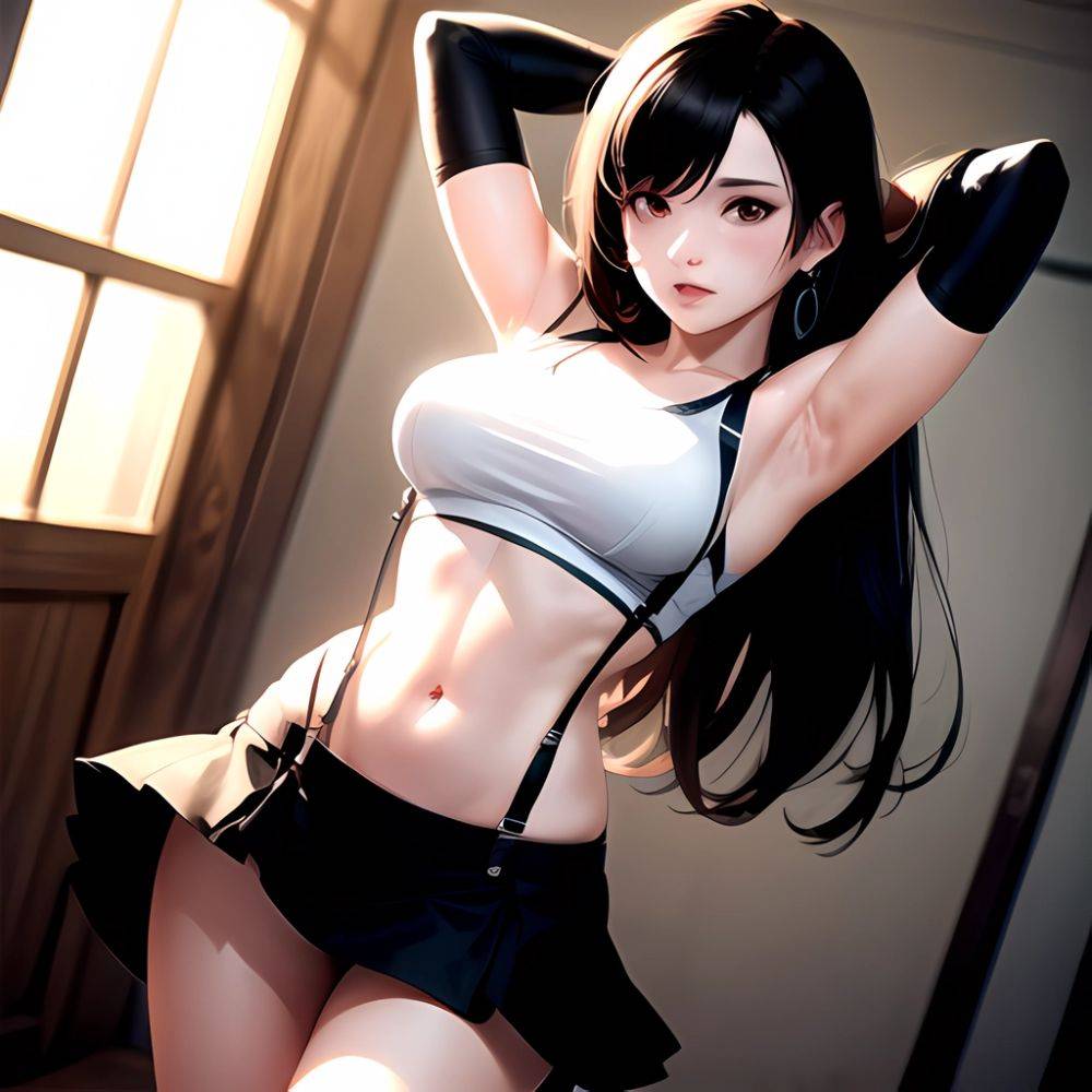 1girl Armpits Arms Behind Head Arms Up Bare Shoulders Black Gloves Black Hair Black Skirt Breasts Closed Mouth Crop Top, 291978151 - AIHentai - #main