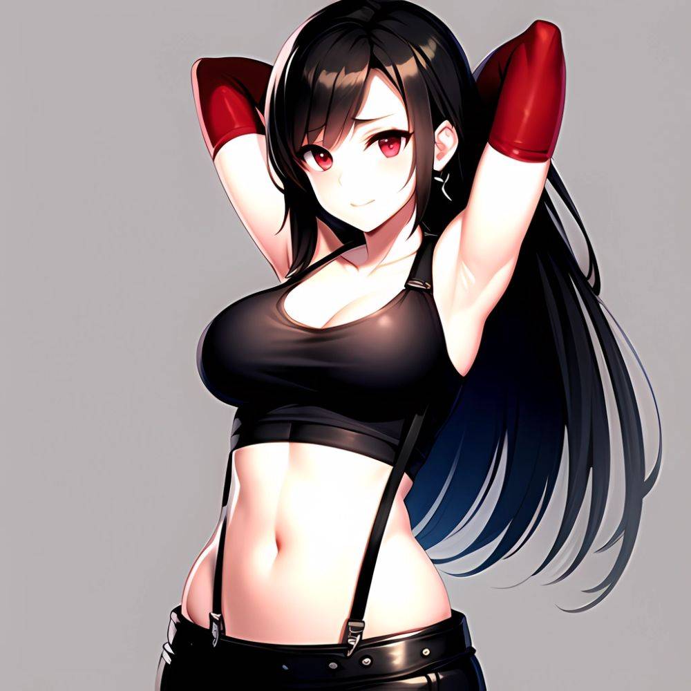 1girl Armpits Arms Behind Head Arms Up Bare Shoulders Black Gloves Black Hair Black Skirt Breasts Closed Mouth Crop Top, 1453315382 - AIHentai - #main