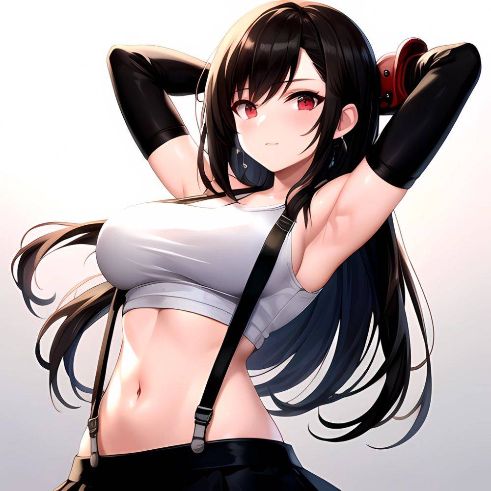 1girl Armpits Arms Behind Head Arms Up Bare Shoulders Black Gloves Black Hair Black Skirt Breasts Closed Mouth Crop Top, 103171788 - AIHentai - #main