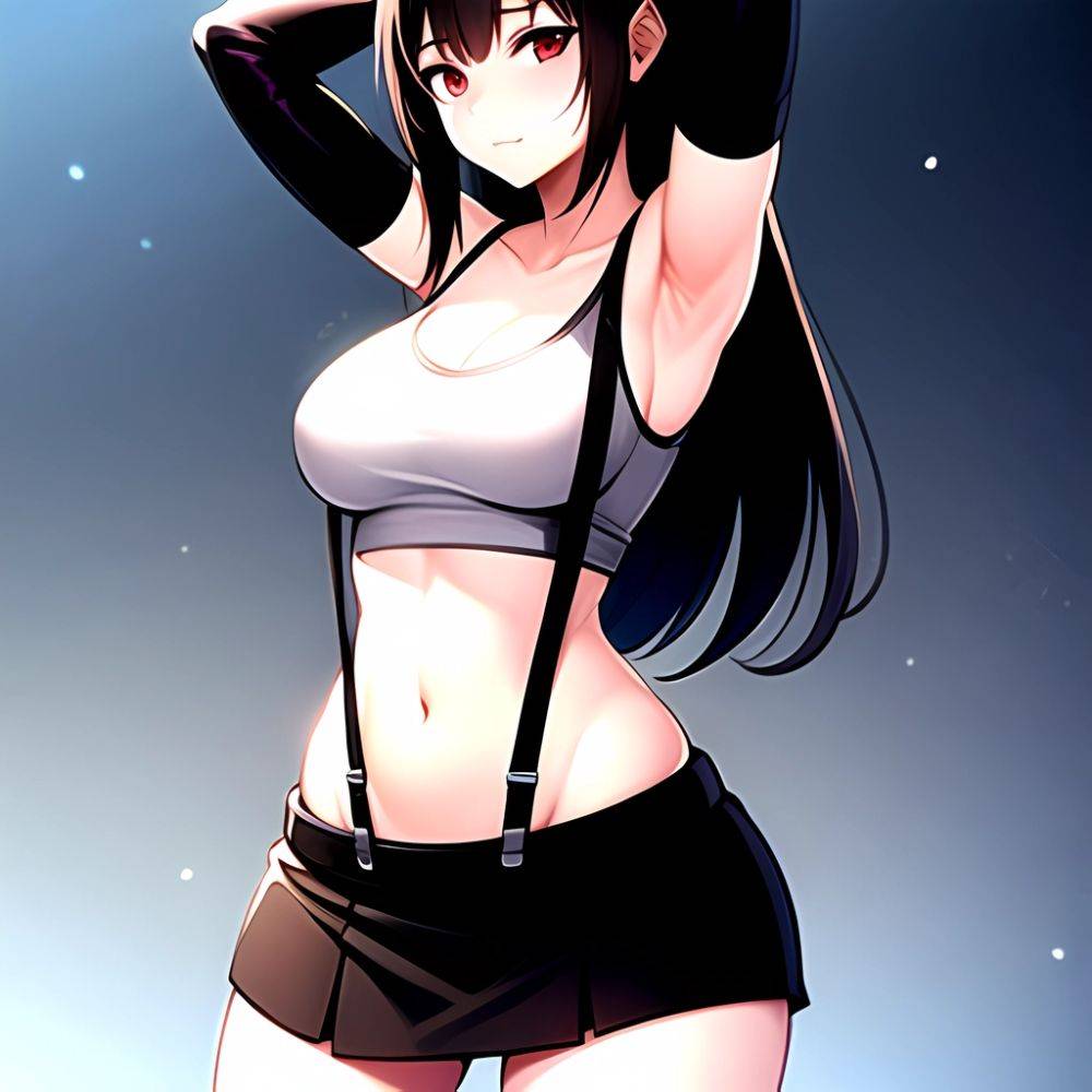 1girl Armpits Arms Behind Head Arms Up Bare Shoulders Black Gloves Black Hair Black Skirt Breasts Closed Mouth Crop Top, 1324299327 - AIHentai - #main