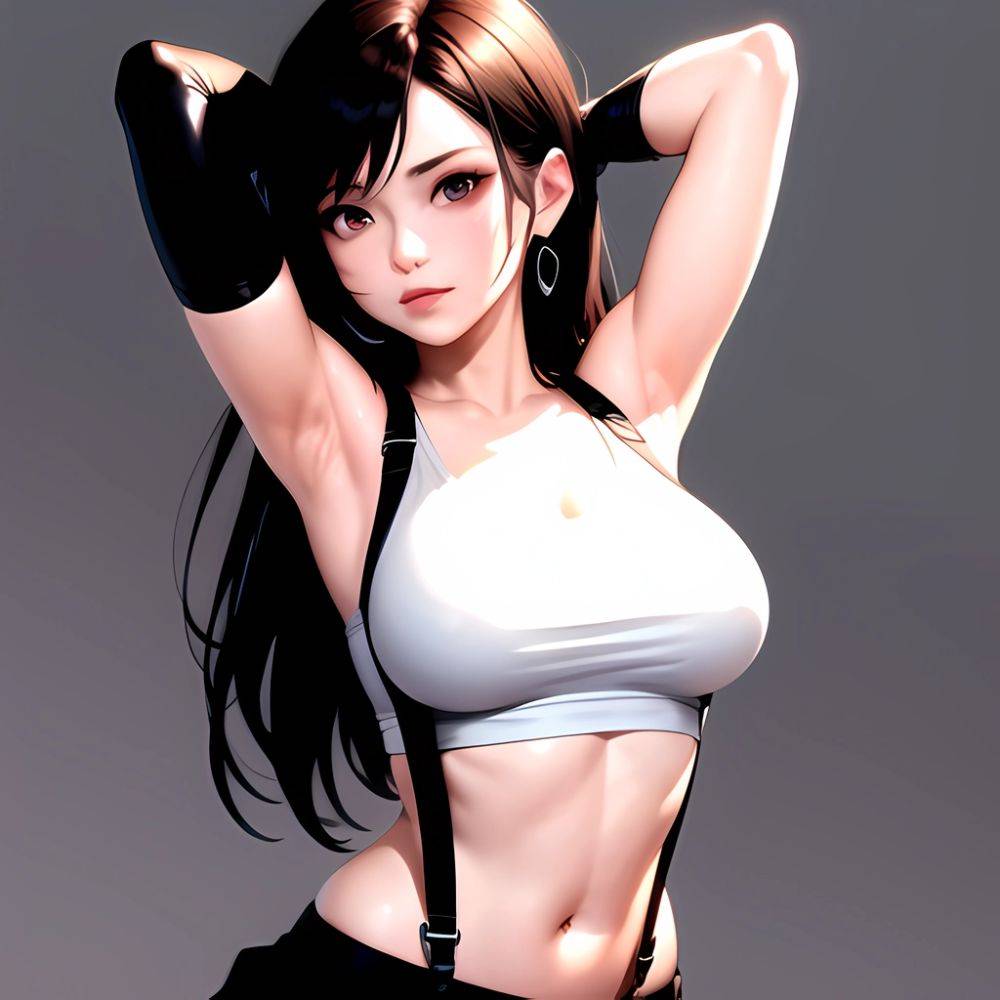 1girl Armpits Arms Behind Head Arms Up Bare Shoulders Black Gloves Black Hair Black Skirt Breasts Closed Mouth Crop Top, 312800278 - AIHentai - #main