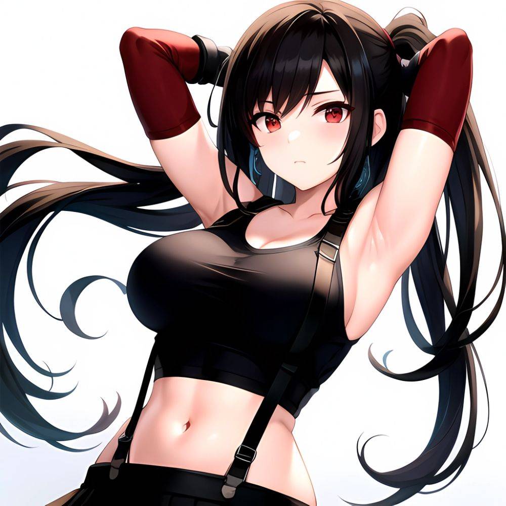 1girl Armpits Arms Behind Head Arms Up Bare Shoulders Black Gloves Black Hair Black Skirt Breasts Closed Mouth Crop Top, 4054778807 - AIHentai - #main