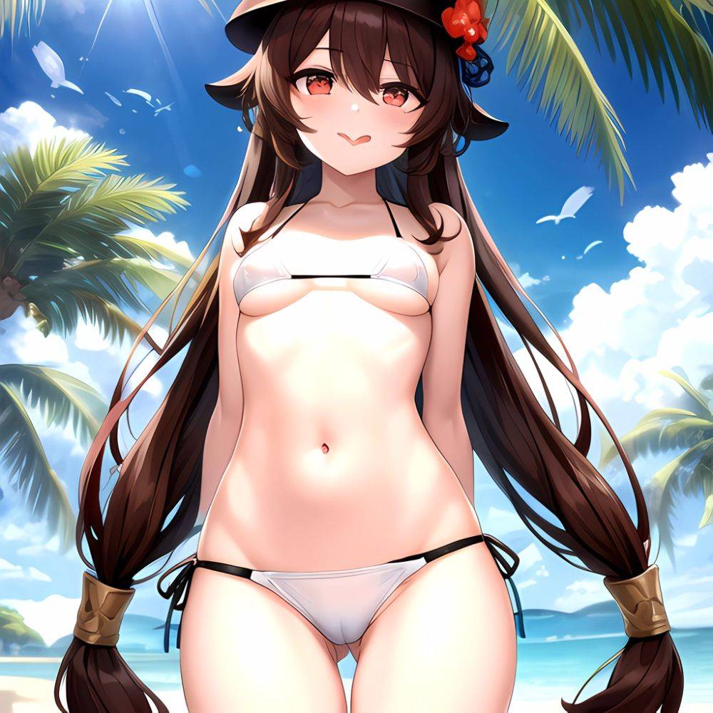 1girl Q Absurdres Arms Behind Back Bikini Blush Breasts Brown Hair Cameltoe Cleft Of Venus Covered Nipples Cowboy Shot Flower, 2001561101 - AIHentai - #main