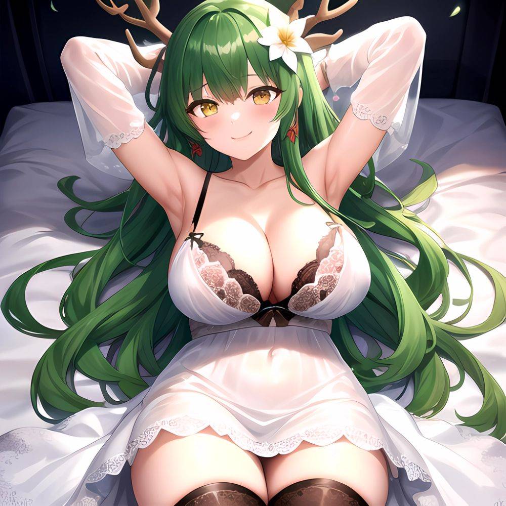 1girl Alternate Costume Antlers Armpits Arms Behind Head Bed Sheet Black Bra Black Thighhighs Bra Branch Breasts Ceres Fauna Cle, 2580156782 - AIHentai - #main