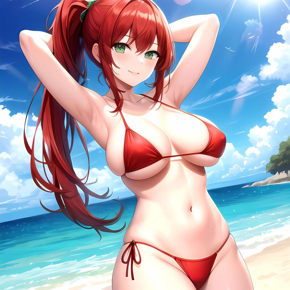 1girl Armpits Arms Behind Head Bikini Breasts Closed Mouth Collarbone Covered Nipples Day Green Eyes Highres Jung Freud Large Br, 1021283836 - AIHentai - #main