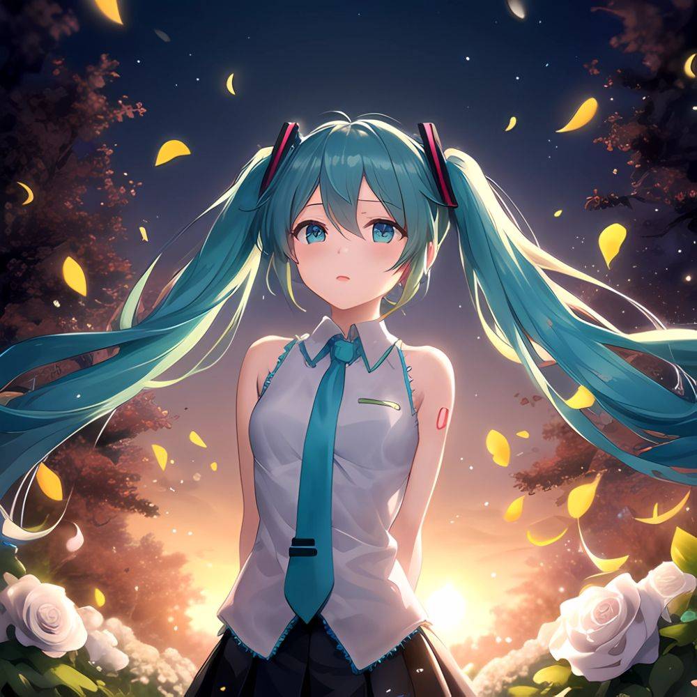 Face Focus Masterpiece Best Quality 1girl Hatsune Miku White Roses Petals Night Background Fireflies Light Particle Solo Aqua Ha, 1115227028 - AIHentai - #main