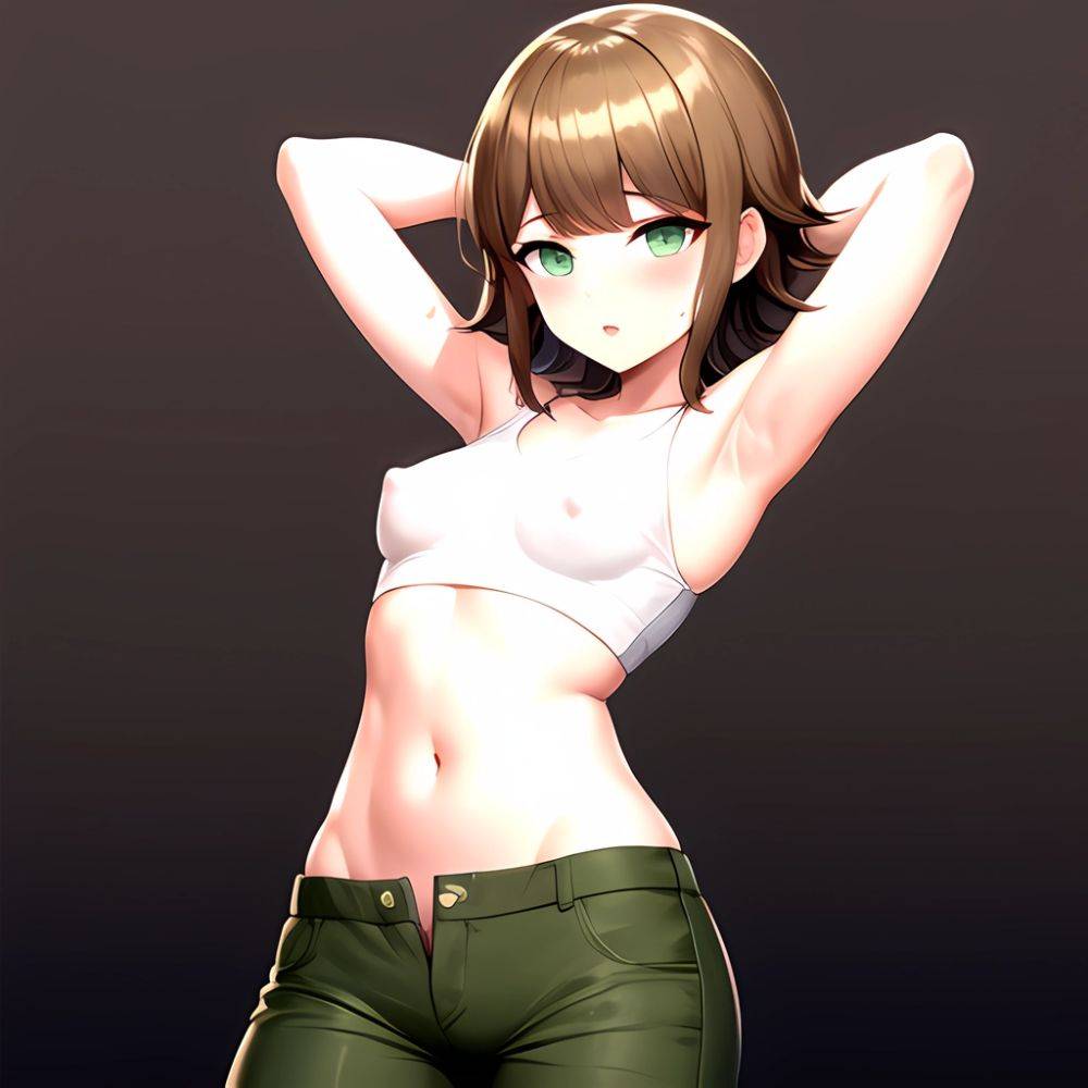 1boy Armpits Arms Behind Head Blush Breasts Brown Hair Bulge Collarbone Contrapposto Covered Nipples Crop Top Danganronpa Trigge, 2663124971 - AIHentai - #main