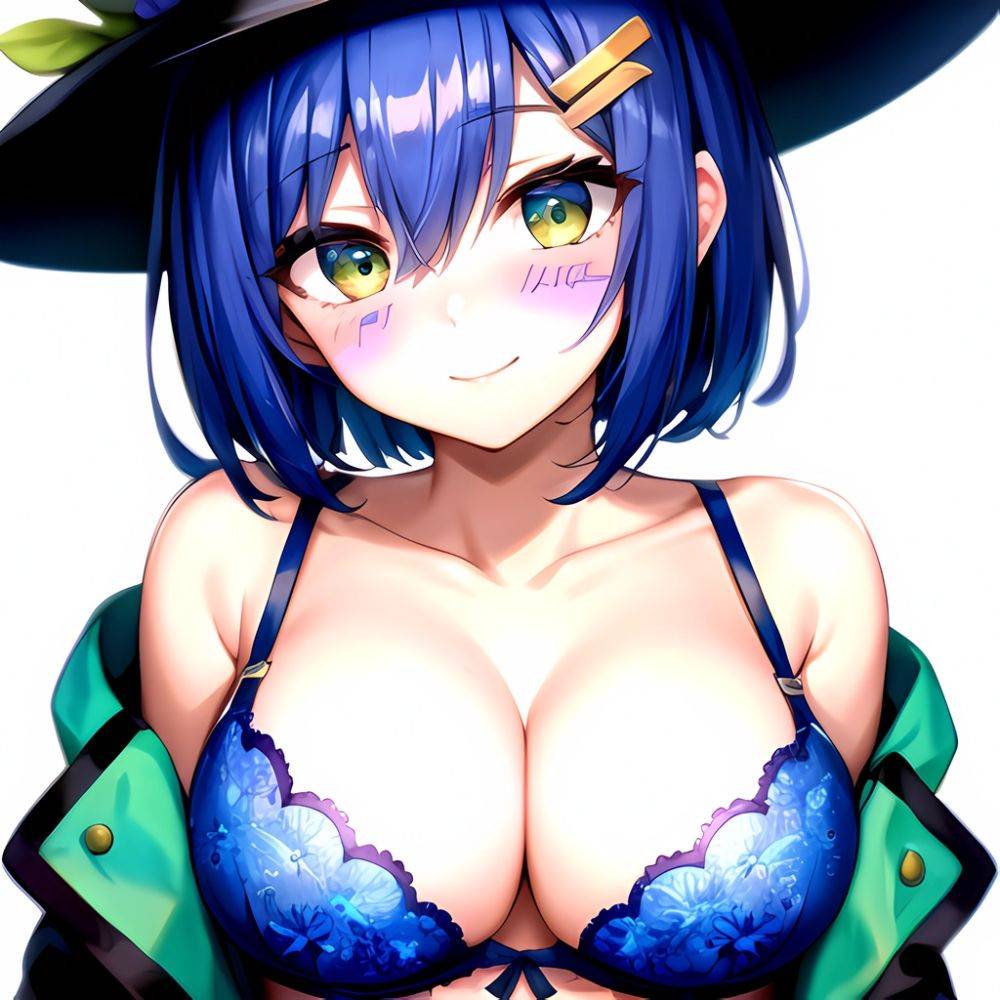 1girl Blush Bob Cut Bra Breasts Cleavage Close Up Closed Mouth Collarbone Commentary Eyelashes Eyes Visible Through Hair Floral, 1902638681 - AIHentai - #main
