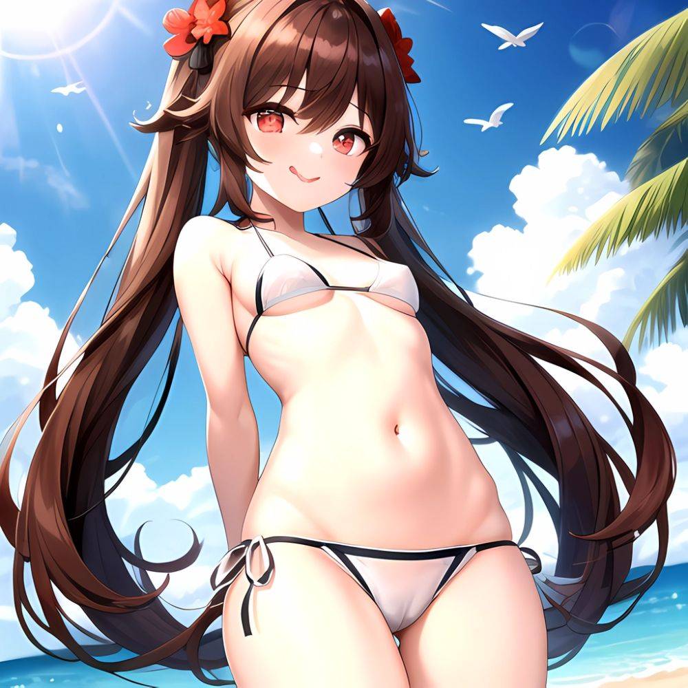 1girl Q Absurdres Arms Behind Back Bikini Blush Breasts Brown Hair Cameltoe Cleft Of Venus Covered Nipples Cowboy Shot Flower, 2784127924 - AIHentai - #main