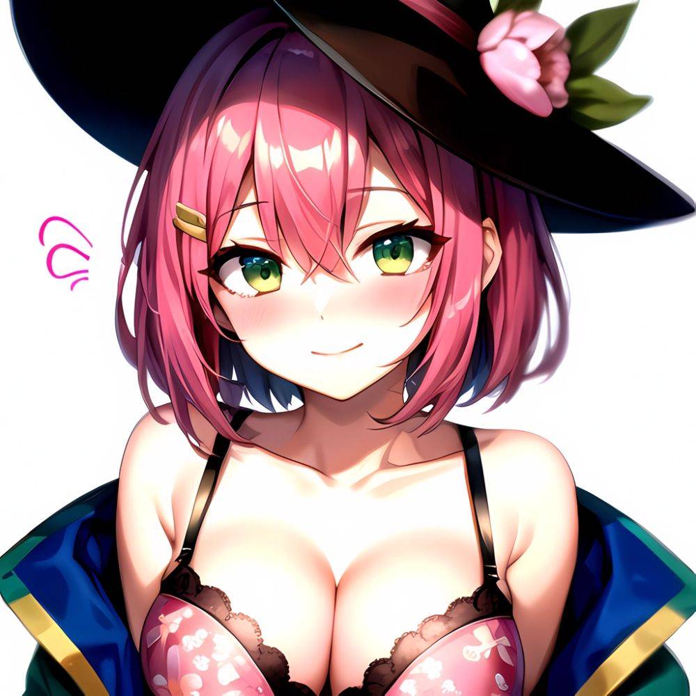 1girl Blush Bob Cut Bra Breasts Cleavage Close Up Closed Mouth Collarbone Commentary Eyelashes Eyes Visible Through Hair Floral, 1378325439 - AIHentai - #main